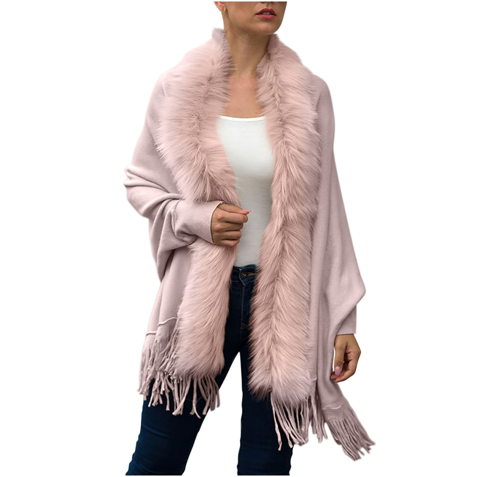 Womens Faux Fur Trim Poncho Cape Cardigan Batwing Sleeve Fringe Shawl Wraps Jackets For Fall And Winter