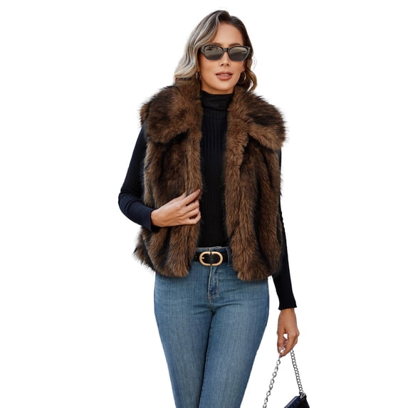 Womens Faux Fur Vest Lapel Collar Sleeveless Open Front Cardigan Top Fuzzy Coats Jacket Fluffy Outwear with Pockets