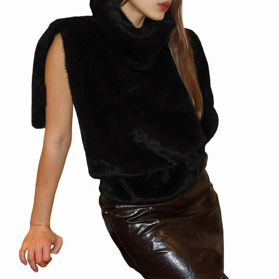 Womens Faux Fur Vest Sleeveless Winter Fleece Jacket High Neck Gilet Coat Black S