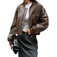 thumbnail image 1 of Womens Faux Leather Bomber Jackets Baseball Collar Zip Up Cropped Biker Coat with Pockets, 1 of 8