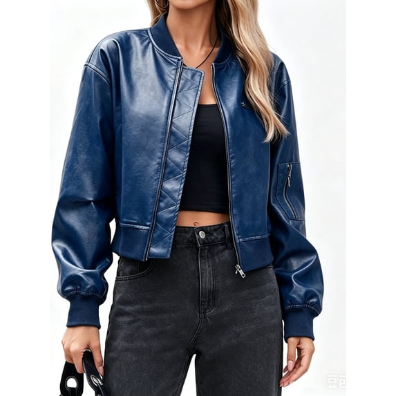 Womens Faux Leather Bomber Jackets Baseball Collar Zip Up Cropped Biker Coat with Pockets
