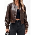 thumbnail image 1 of Womens Faux Leather Bomber Jackets Baseball Collar Zip Up Cropped Biker Coat with Pockets, 1 of 8