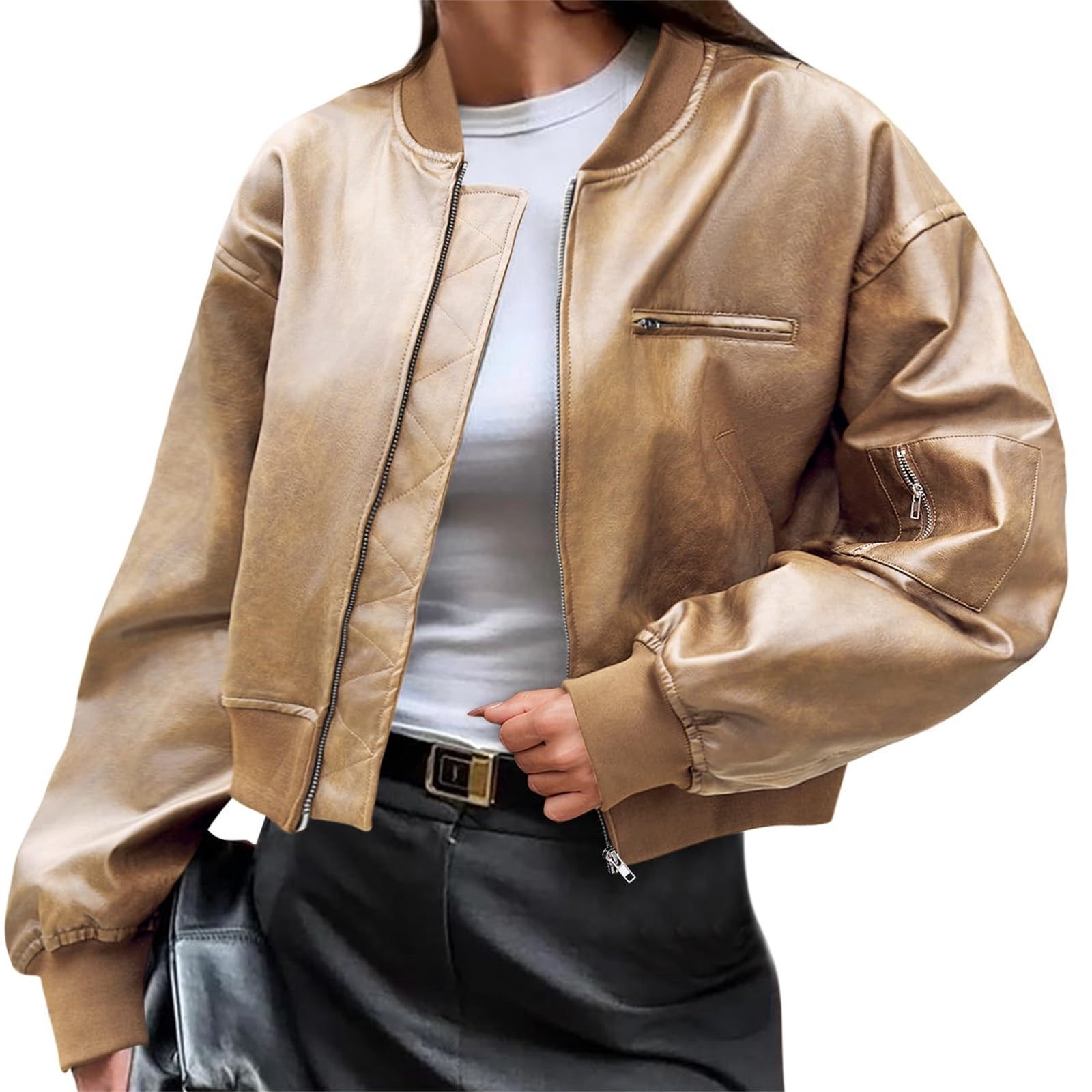 Womens Faux Leather Bomber Jackets Baseball Collar Zip Up Cropped Biker Coat with Pockets