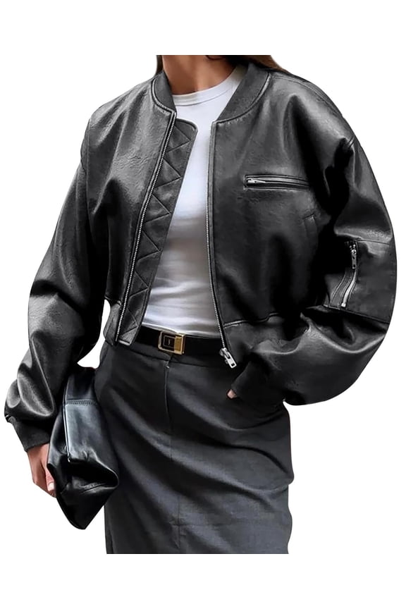 Womens Faux Leather Bomber Jackets Baseball Collar Zip Up Cropped Biker Coat with Pockets