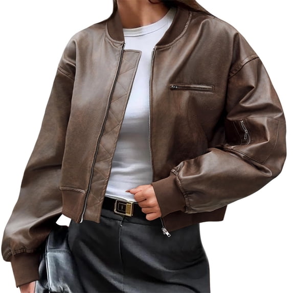 Womens Faux Leather Bomber Jackets Baseball Collar Zip Up Cropped Biker Coat with Pockets