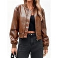 thumbnail image 1 of Womens Faux Leather Bomber Jackets Baseball Collar Zip Up Cropped Biker Coat with Pockets, 1 of 8