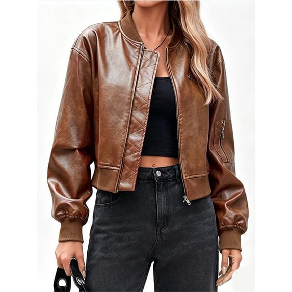 Womens Faux Leather Bomber Jackets Baseball Collar Zip Up Cropped Biker Coat with Pockets