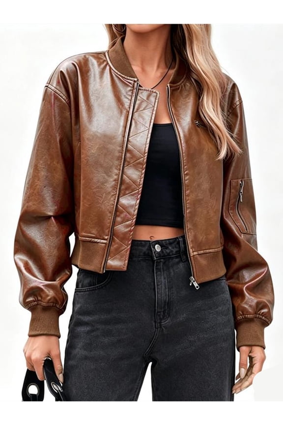 Womens Faux Leather Bomber Jackets Baseball Collar Zip Up Cropped Biker Coat with Pockets