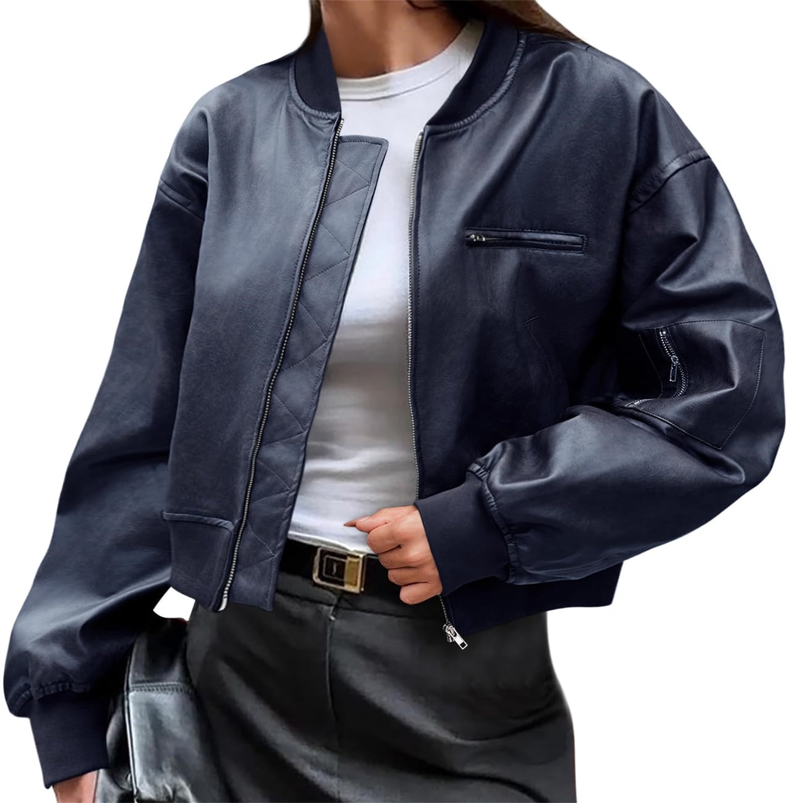 Womens Faux Leather Bomber Jackets Baseball Collar Zip Up Cropped Biker Coat with Pockets