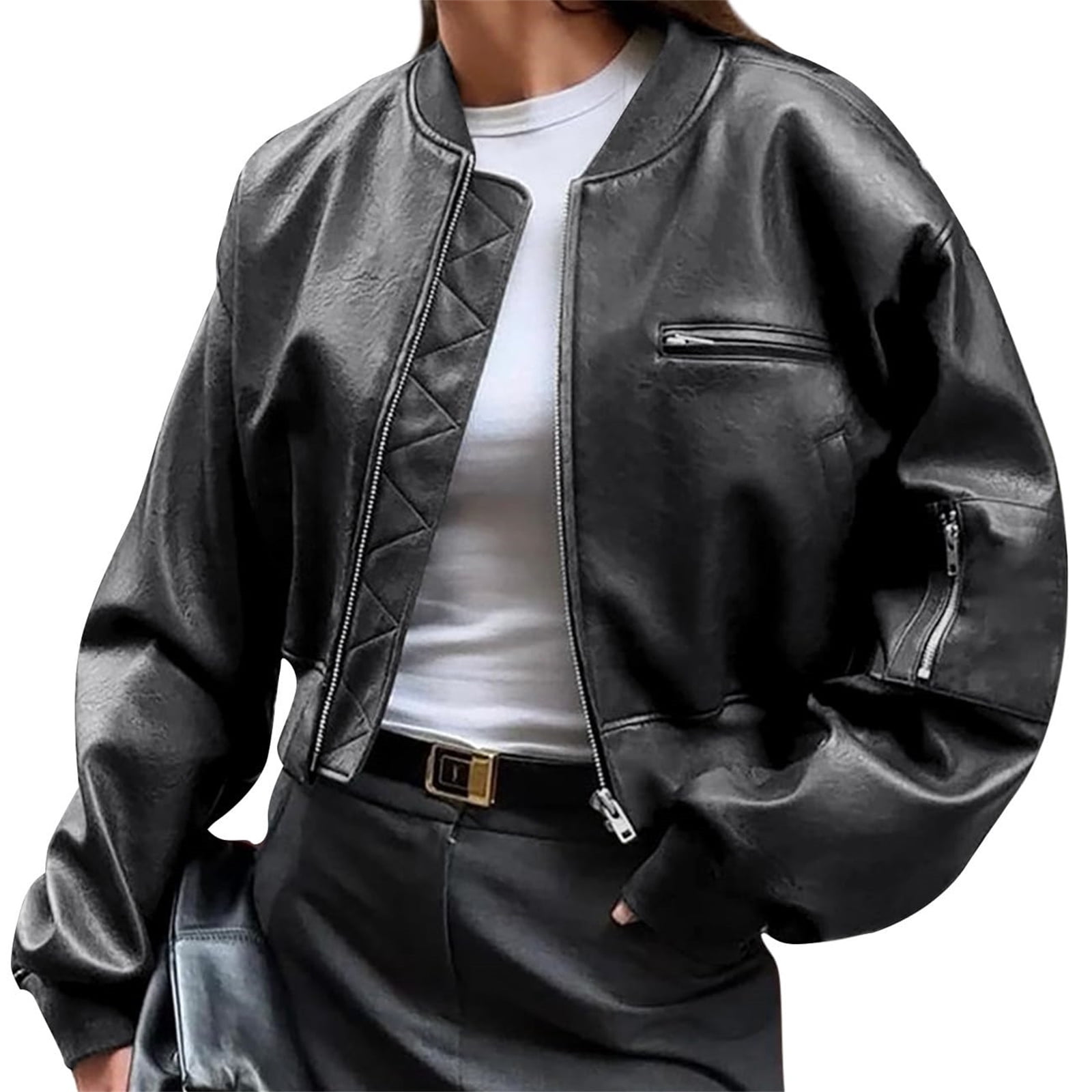 Womens Faux Leather Bomber Jackets Baseball Collar Zip Up Cropped Biker Coat with Pockets