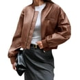 thumbnail image 1 of Womens Faux Leather Bomber Jackets Baseball Collar Zip Up Cropped Biker Coat with Pockets, 1 of 7