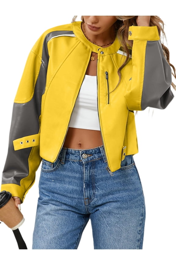 Womens Faux Leather Bomber Jackets Cropped Zip Up Color Block Fall Casual Moto Biker Coats