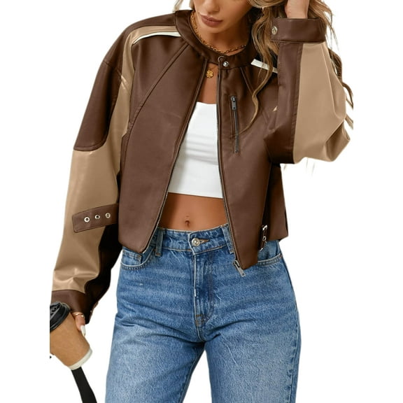Womens Faux Leather Bomber Jackets Cropped Zip Up Color Block Fall Casual Moto Biker Coats