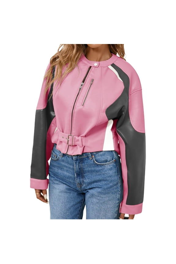Womens Faux Leather Bomber Jackets Cropped Zip Up Color Block Fall Casual Moto Biker Coats