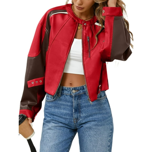 Womens Faux Leather Bomber Jackets Cropped Zip Up Color Block Fall Casual Moto Biker Coats