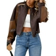 thumbnail image 1 of Womens Faux Leather Bomber Jackets Cropped Zip Up Color Block Fall Casual Moto Biker Coats, 1 of 6