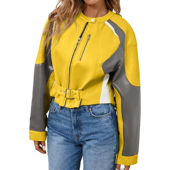 Womens Faux Leather Bomber Jackets Cropped Zip Up Color Block Fall Casual Moto Biker Coats