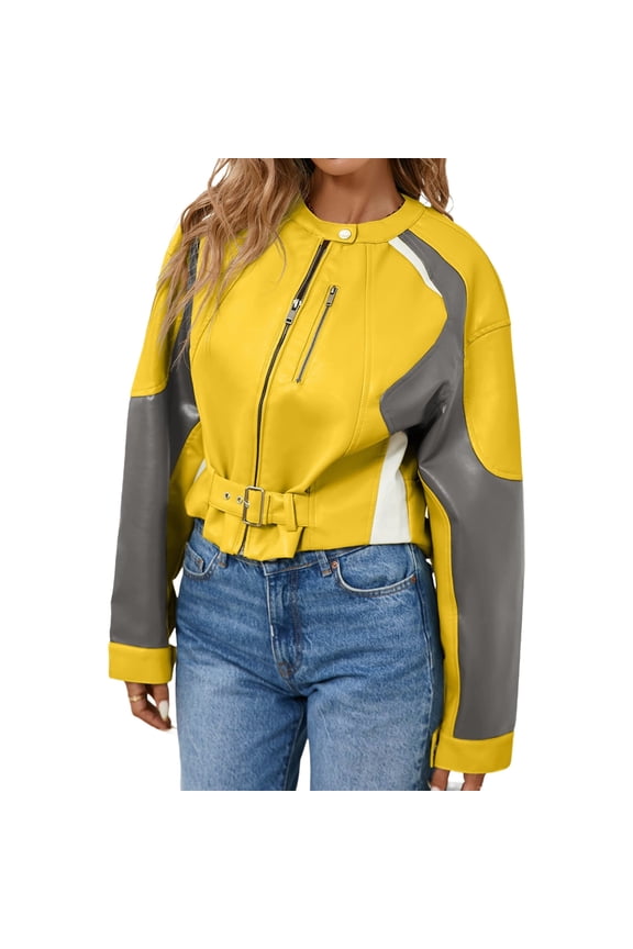 Womens Faux Leather Bomber Jackets Cropped Zip Up Color Block Fall Casual Moto Biker Coats