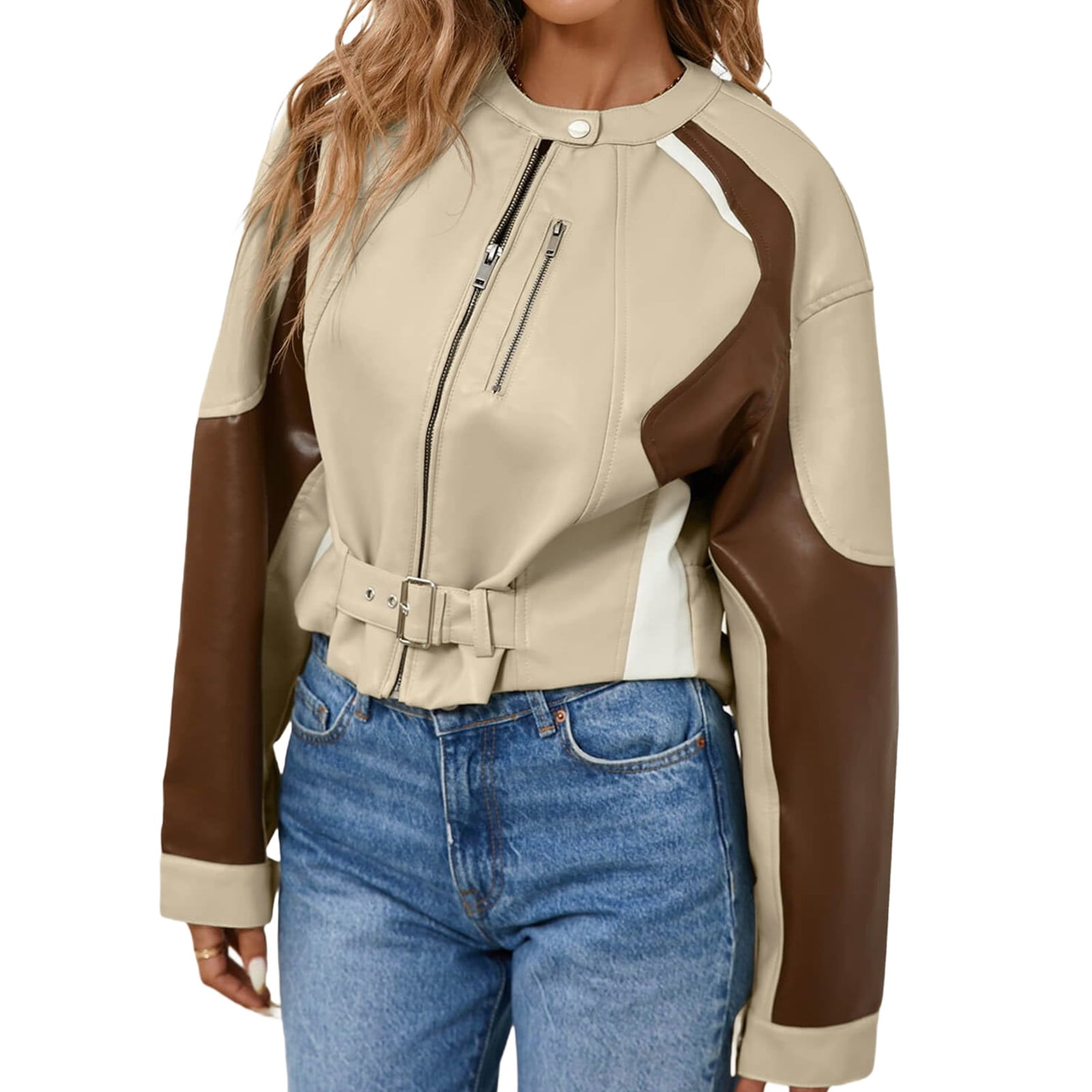 Womens Faux Leather Bomber Jackets Cropped Zip Up Color Block Fall Casual Moto Biker Coats