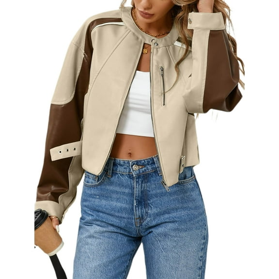 Womens Faux Leather Bomber Jackets Cropped Zip Up Color Block Fall Casual Moto Biker Coats