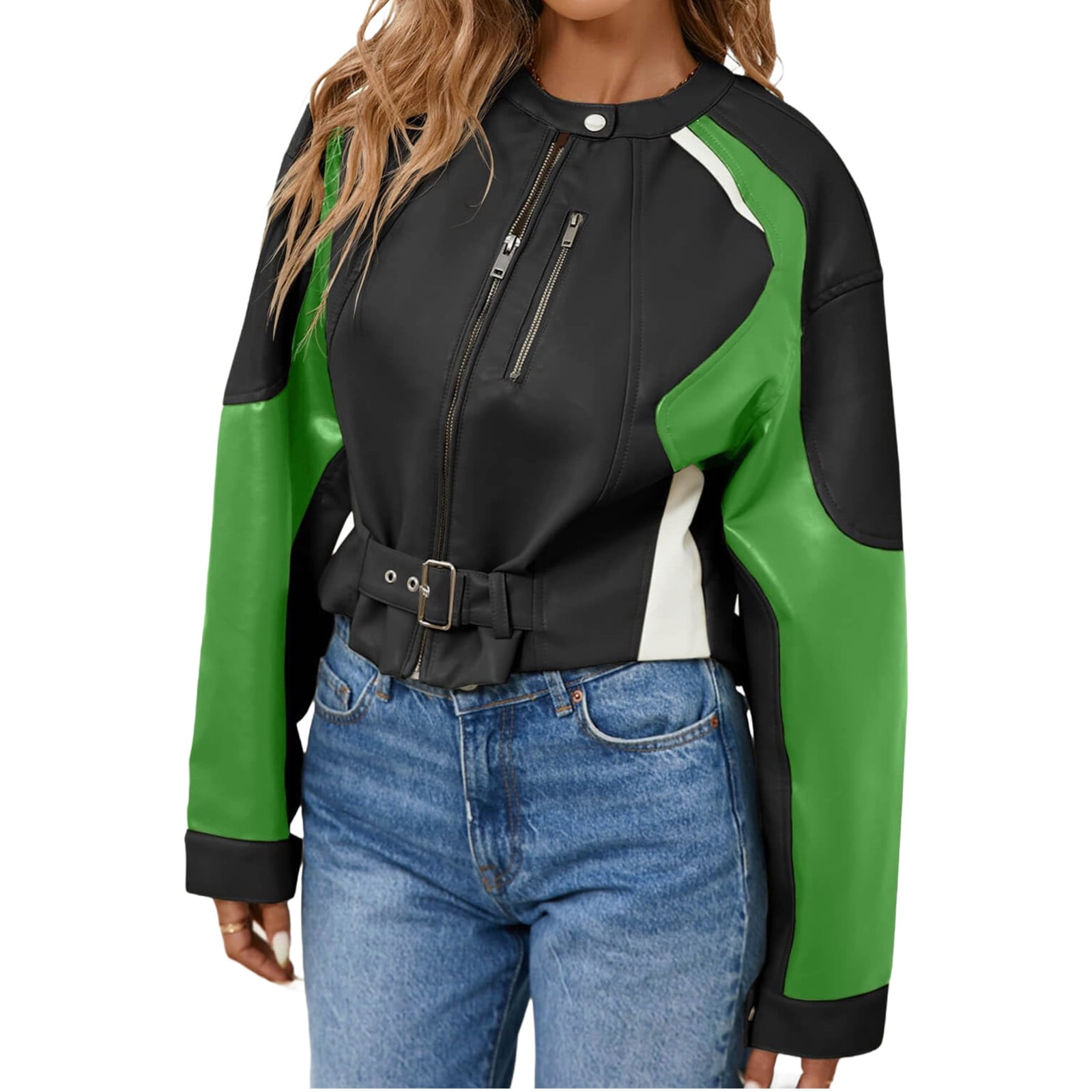 Womens Faux Leather Bomber Jackets Cropped Zip Up Color Block Fall Casual Moto Biker Coats