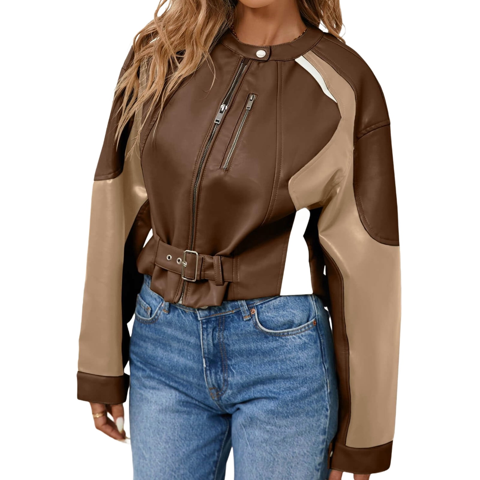 Womens Faux Leather Bomber Jackets Cropped Zip Up Color Block Fall Casual Moto Biker Coats