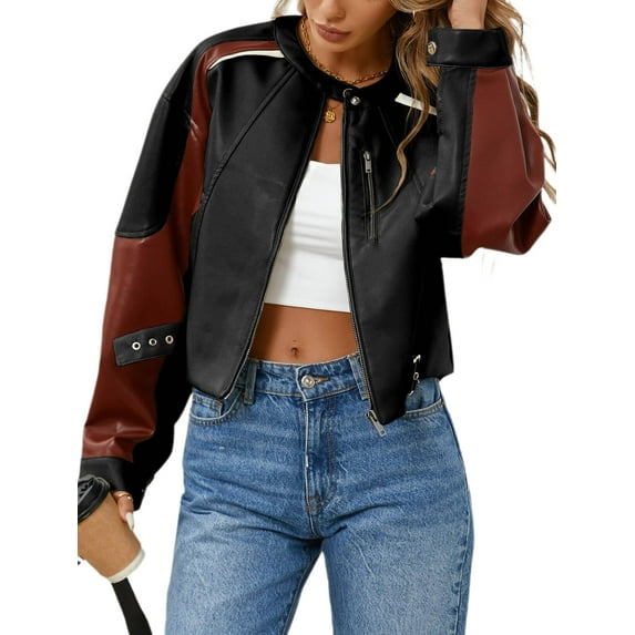 Womens Faux Leather Bomber Jackets Cropped Zip Up Color Block Fall Casual Moto Biker Coats
