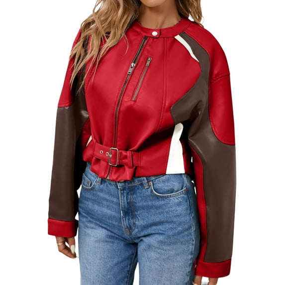 Womens Faux Leather Bomber Jackets Cropped Zip Up Color Block Fall Casual Moto Biker Coats