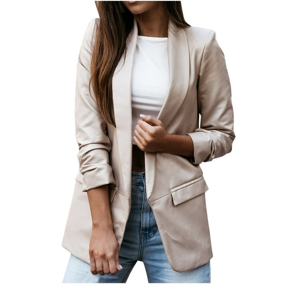 Womens Faux Leather Jacket Open Front Shacket Casual Shirt Long Sleeve Work Office Blazer Coat With Pocket