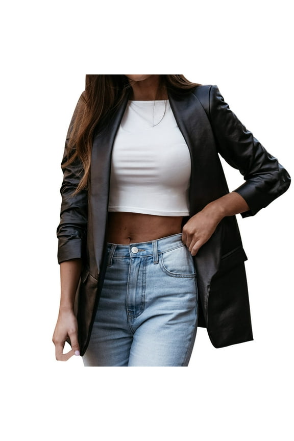 Womens Faux Leather Jacket Open Front Shacket Casual Shirt Long Sleeve Work Office Blazer Coat With Pocket