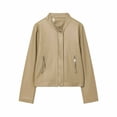 thumbnail image 1 of Womens Faux Leather Jackets Stand Collar Front Zipper Button Cropped Cardigan Causal Stylish Outwear With Zip Pockets (L, Khaki), 1 of 2