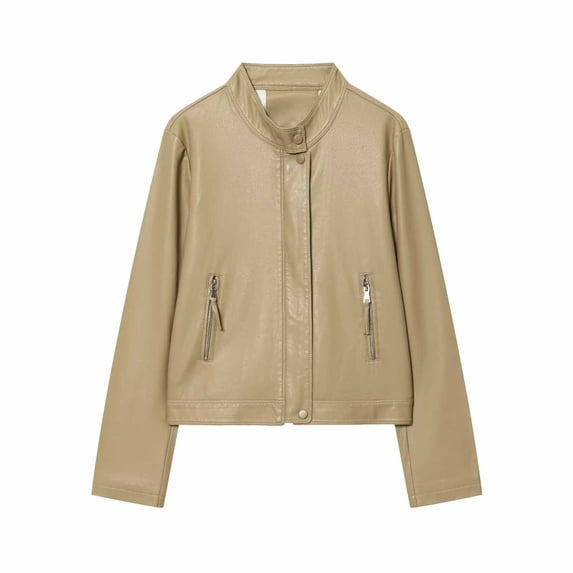 Womens Faux Leather Jackets Stand Collar Front Zipper Button Cropped Cardigan Causal Stylish Outwear With Zip Pockets (L, Khaki)