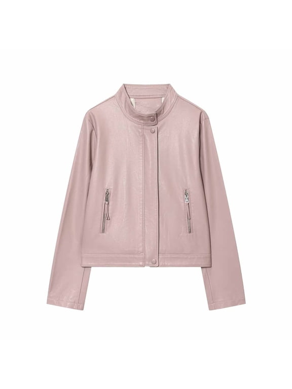 Womens Faux Leather Jackets Stand Collar Front Zipper Button Cropped Cardigan Causal Stylish Outwear With Zip Pockets (M, Pink)