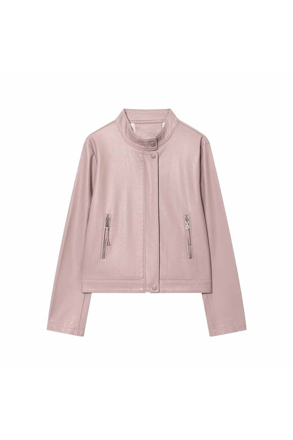 Womens Faux Leather Jackets Stand Collar Front Zipper Button Cropped Cardigan Causal Stylish Outwear With Zip Pockets (M, Pink)