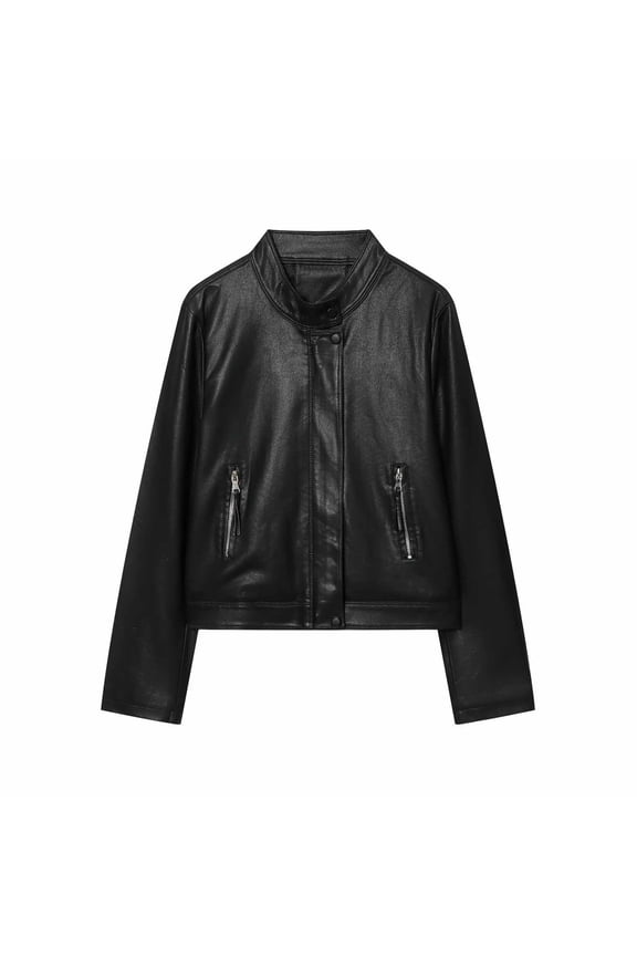 Womens Faux Leather Jackets Stand Collar Front Zipper Button Cropped Cardigan Causal Stylish Outwear With Zip Pockets (S, Black)