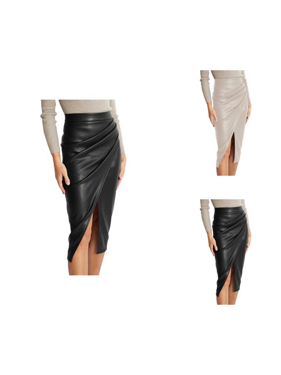 Womens Leather Midi Skirt High Waist Wrap Ruched Front Slit Zip Back Bodycon Skirts Dressy Casual Skirt