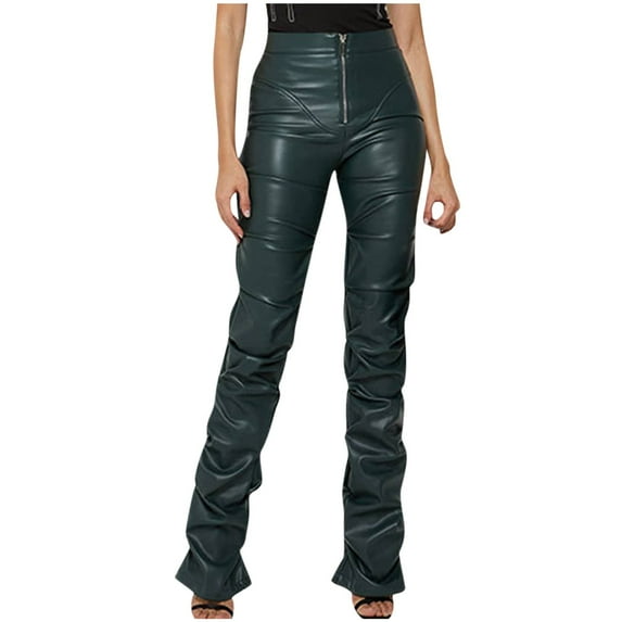 Womens Faux Leather Pants Elastic High Waist Straight Leg Trousers Pleather Pant Women's Pull On Work Pants with Pockets