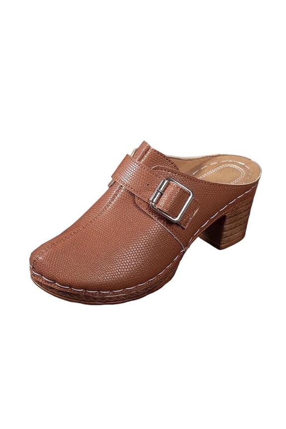 Womens Faux Leather Platform Clogs Mules Chunky Sandals Round Toe Slip On Slides Heels for Women Casual Comfy Shoes