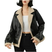 Womens Faux Leather Sherpa Lined Jacket Winter Warm Shearling Fleece Lined Biker Coats Button Faux Fur Fluffy Moto Jacket