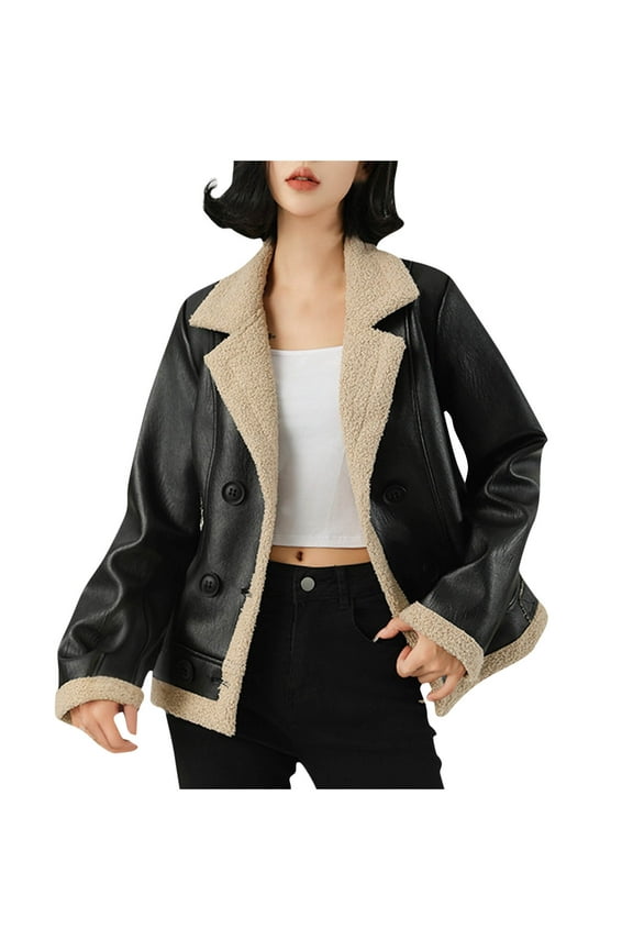 Womens Faux Leather Sherpa Lined Jacket Winter Warm Shearling Fleece Lined Biker Coats Button Faux Fur Fluffy Moto Jacket