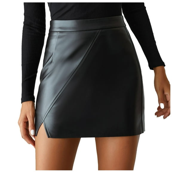 Womens Faux Leather Shiny Solid Color Irregular Mini Skirt Pencil Skirt