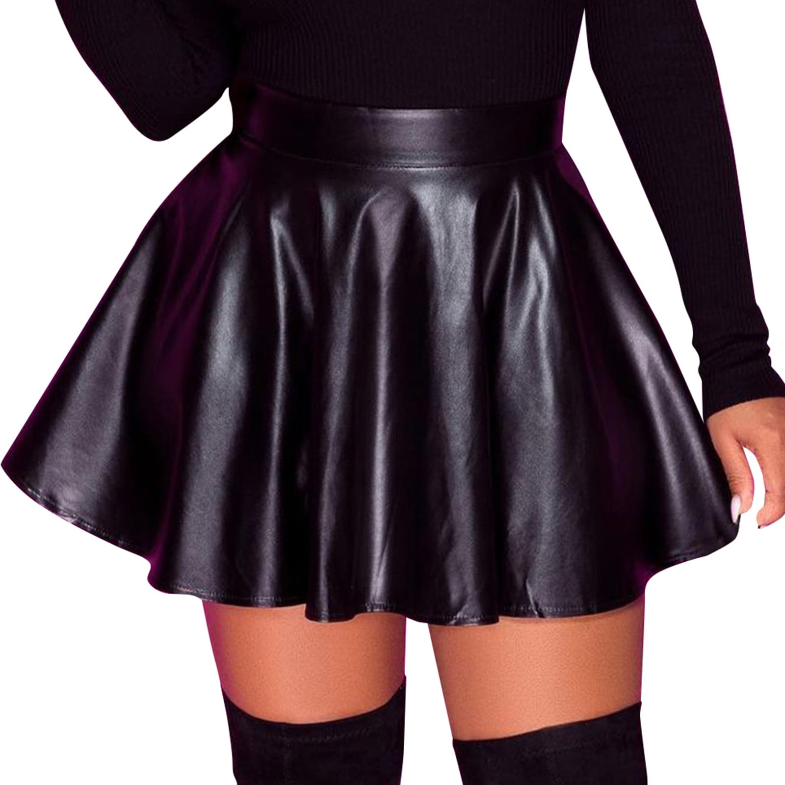 Womens Faux Leather Skirt Stretchy High Waist Pleated Skirt