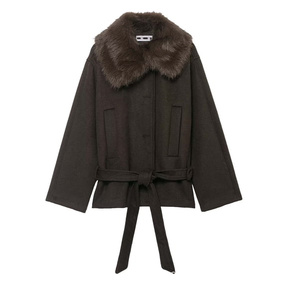 Womens Faux Leather Trench Coat Winter Warm Faux Fur Lined Pea Coat Trendy Long Sleeve Belted Jacket Casual Stylish Tops (XS, Khaki)