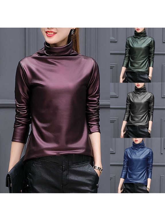 Womens Faux Leather Turtleneck Blouse Long Sleeve Slim Fit Modern Casual Top