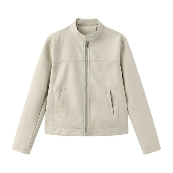 Womens Faux Leather Zip Up Jackets PU Short Moto Coat Fall Winter Slim Fit Biker Outwear Beige XS