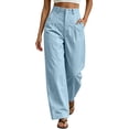 thumbnail image 1 of Womens Faux Linen Barrel Pants Baggy Wide Leg Palazzo Pant Summer Cotton Lightweight Elastic Waist Trousers Pockets, 1 of 5