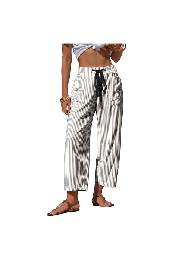 Womens Faux Linen Striped Barrel Pants Drawstring Summer Capri Pants Lightweight Boho Beach Trousers with Pockets, L