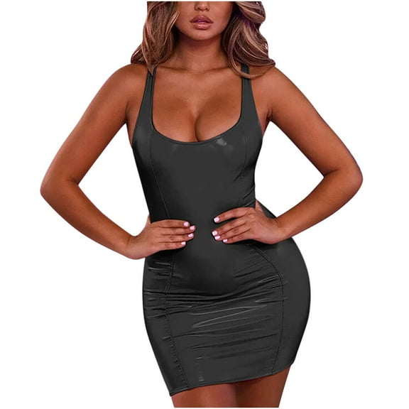 Womens Faux PU Leather Mini Bodycon Dress Sexy Scoop Neck Sleeveless Party Club Night Evening Cocktail Dresses