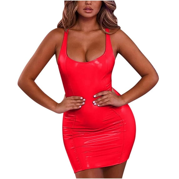 Womens Faux PU Leather Mini Bodycon Dress Sexy Scoop Neck Sleeveless Party Club Night Evening Cocktail Dresses