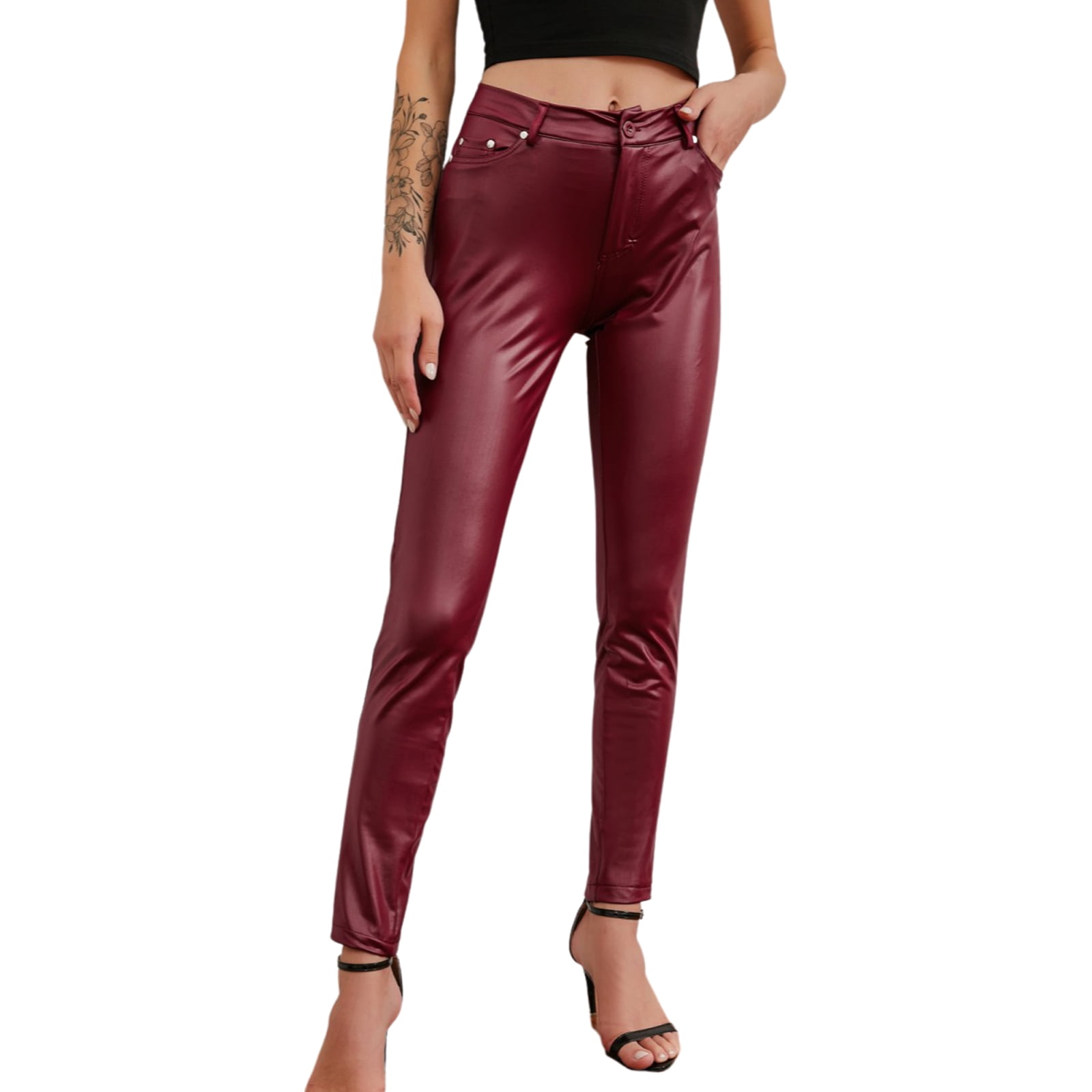Womens Faux PU Leather Pants Stretch Faux Leather Leggings High Waist Pu  Leather Trousers with Pockets